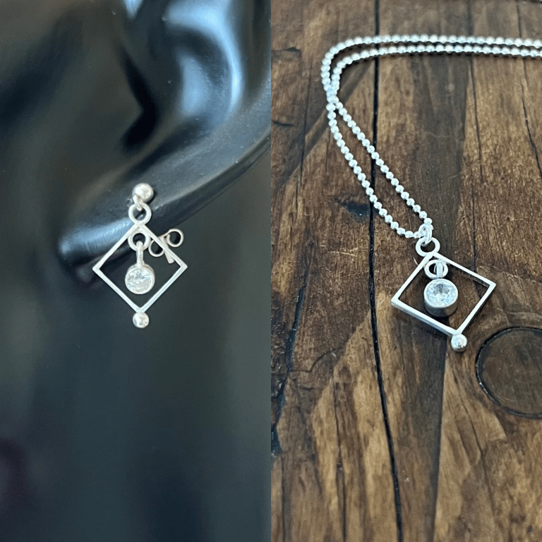 Handmade Square CZ Drop Earrings & Pendant Set