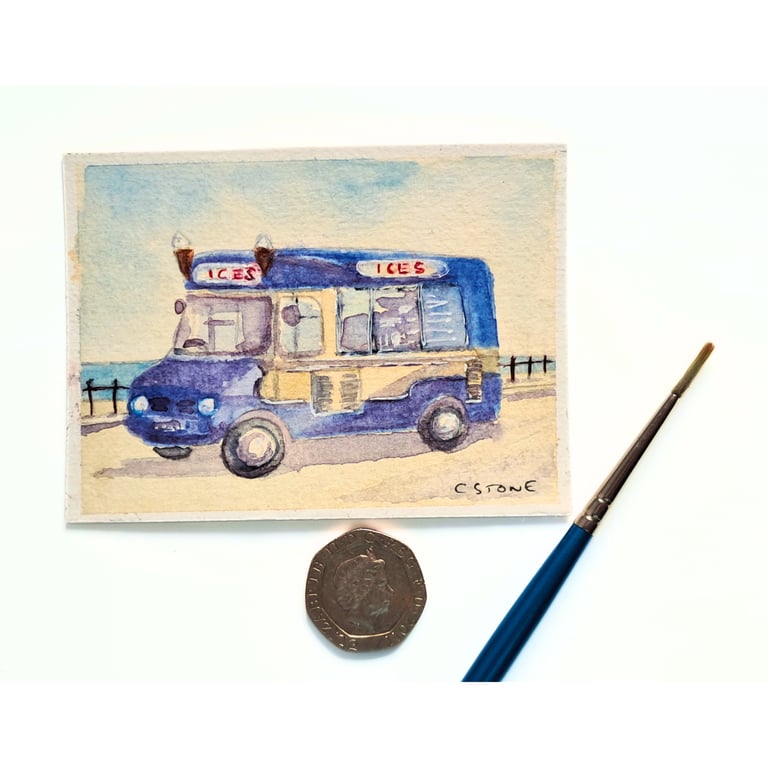 Original ACEO Miniature Watercolour Painting Classic Ice Cream Van 1970's