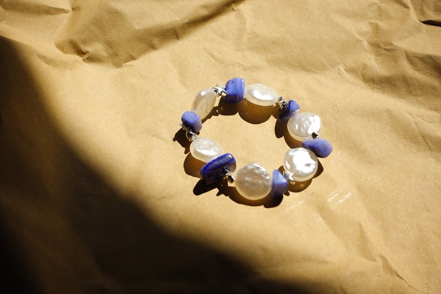 Handmade Faux Pearl & Blue Agate Beaded Bracelet
