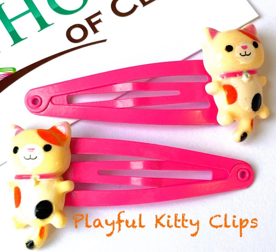 Playful Kitty Hair Clips x2 - Cat Hair Clips - Cute Kitten Hair Clips - Cat Hair