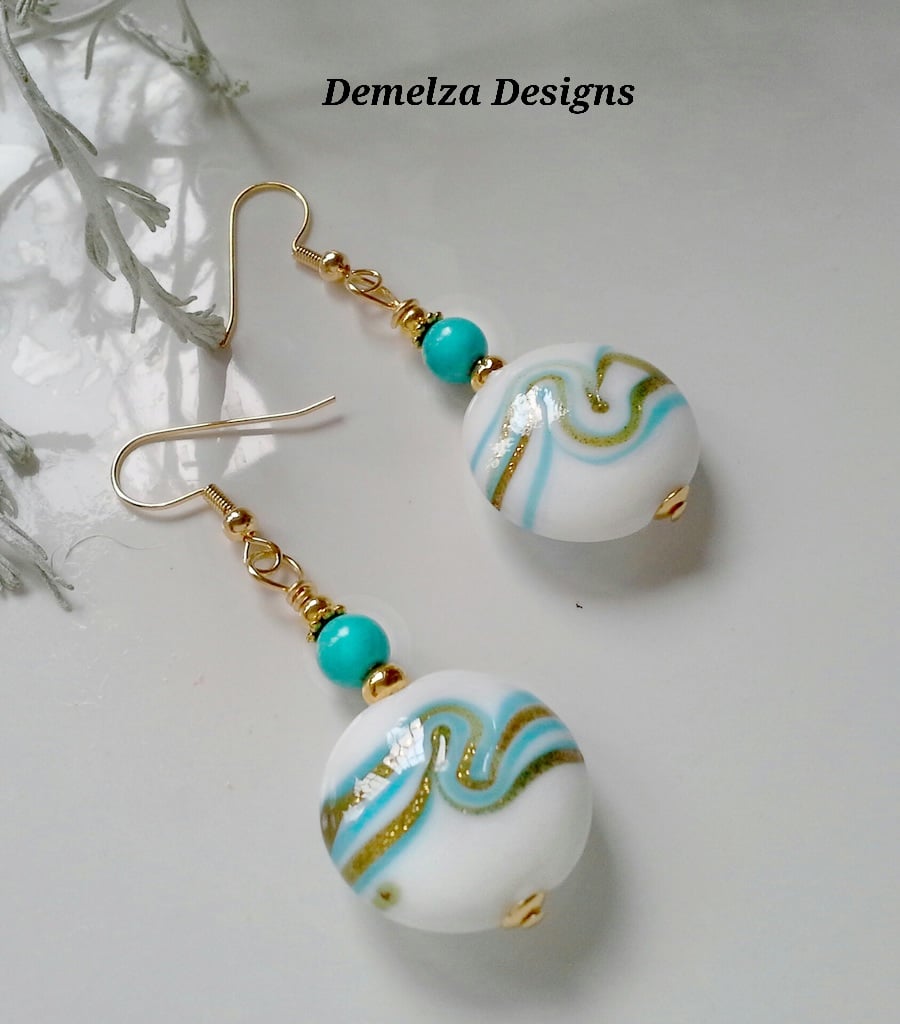Hand Blown Murano Glass Bead & Turquoise Gold Plated Earrings