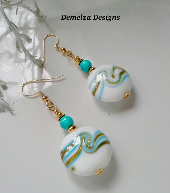 Designer Hand Blown Murano Glass Bead & Turquoise Gold Plated Earrings
