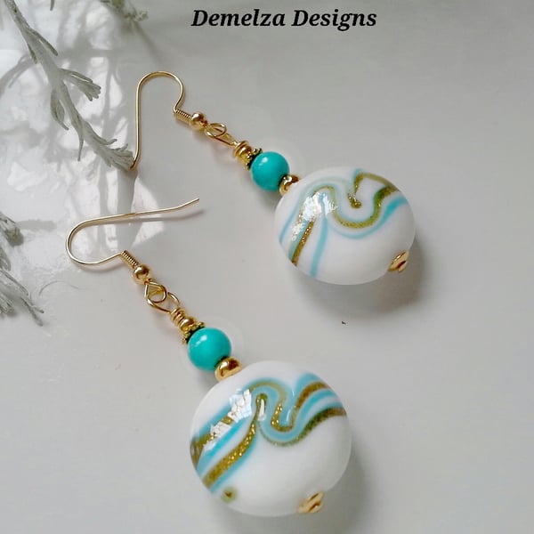 Hand Blown Murano Glass Bead & Turquoise Gold Plated Earrings