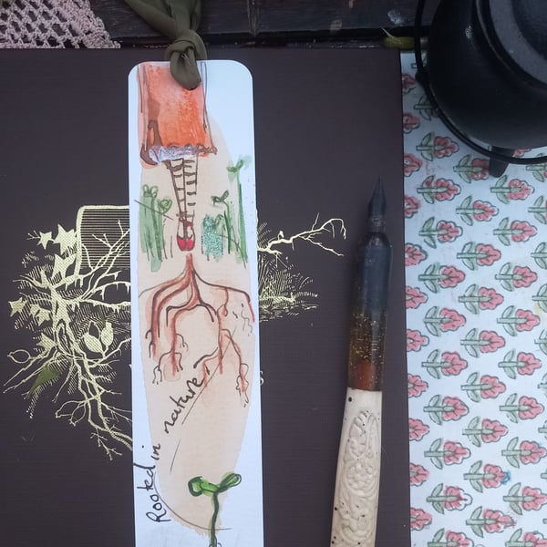  ' rooted in nature ' Hand drawn and painted bookmark with silk ribbon '