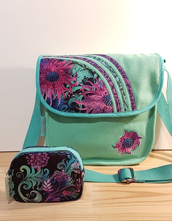 Turquise and purple flowers shoulder bag with mini purse