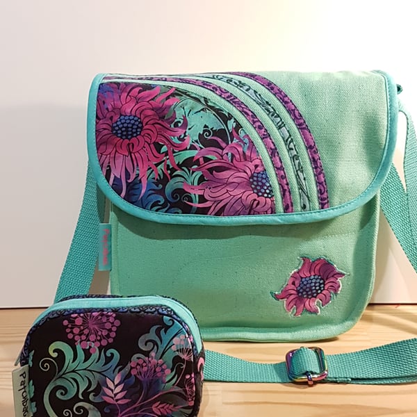 Turquise and purple flowers shoulder bag with mini purse