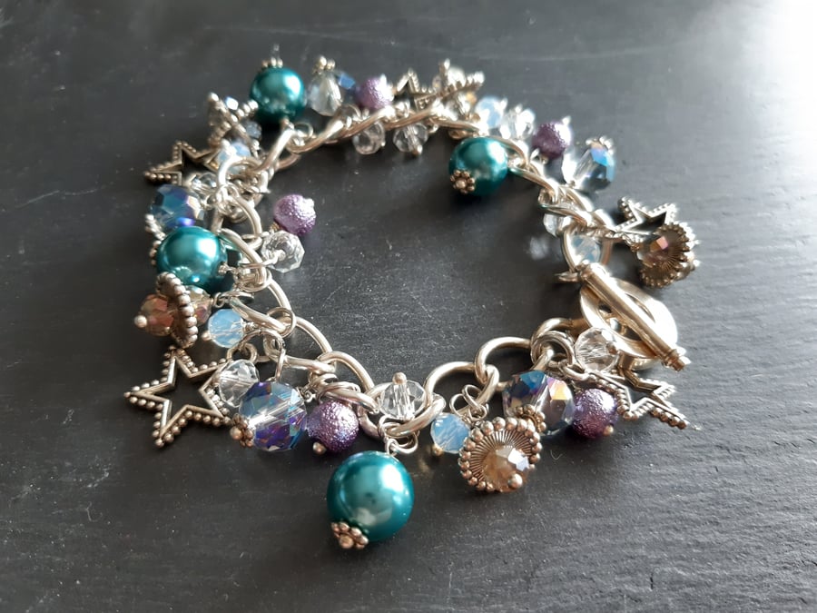Tibetan Silver Star, Pearl and Crystal Constellation Charm Bracelet