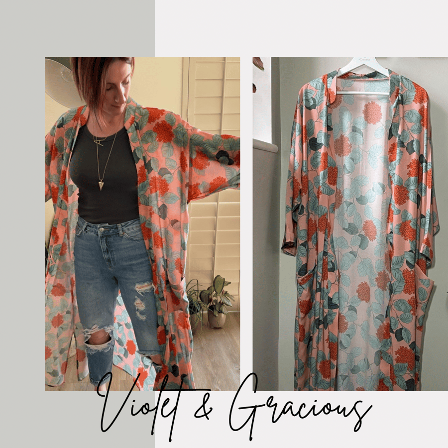 Floral Cover Up with Mandarin Collar . Hydrangeas . Kimono . Kaftan . size m