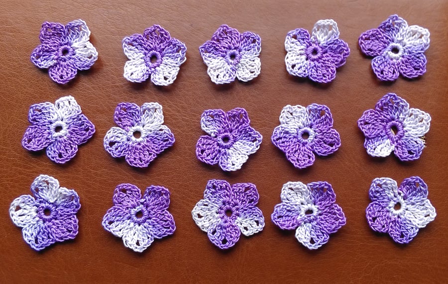 15 LOVELY LITTLE (2.5cm) LILAC MULTI, 5 PETAL FLOWERS - HANDMADE 100% COTTON