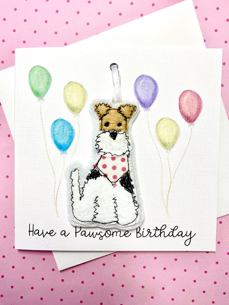 Handmade Birthday Card Fox Terrier Keepsake Birthday Gift Hanging Decoration 