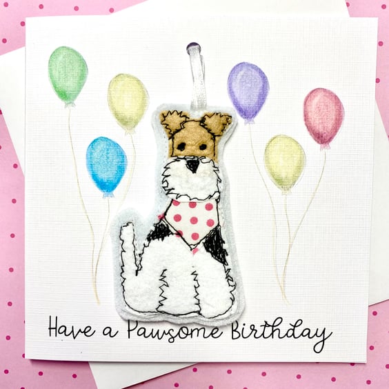 Handmade Birthday Card Fox Terrier Keepsake Birthday Gift Hanging Decoration 