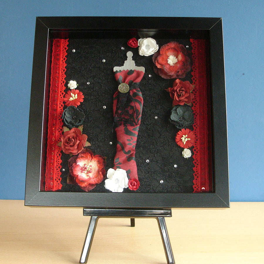 Wall Art Red and Black Dress Couture featuring Vintage Nottingham Lace