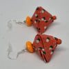 Origami earrings: orange patterned paper and small beads