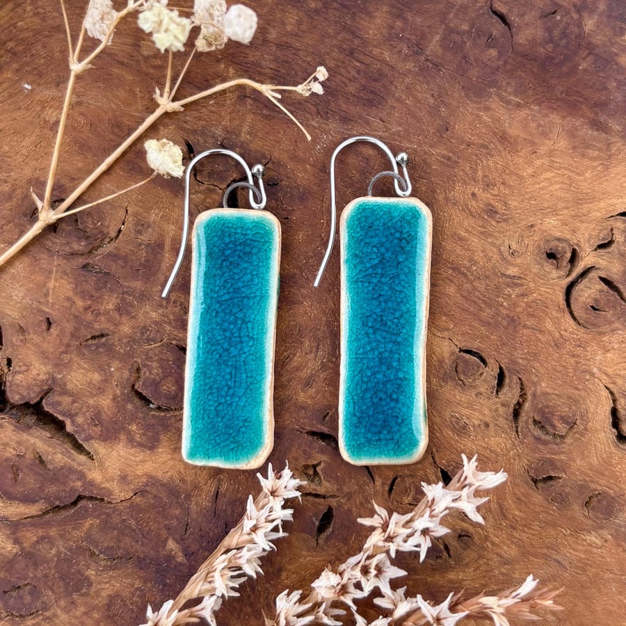 Handmade Ceramic Drop Earrings: Sea Blue Crackle Glazed Clay, Hypoallergenic Hoo