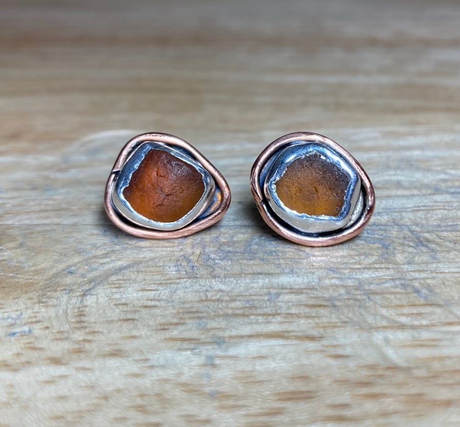 Handmade Sterling, Fine Silver & Copper Stud Earrings with Amber Welsh Sea-Glass