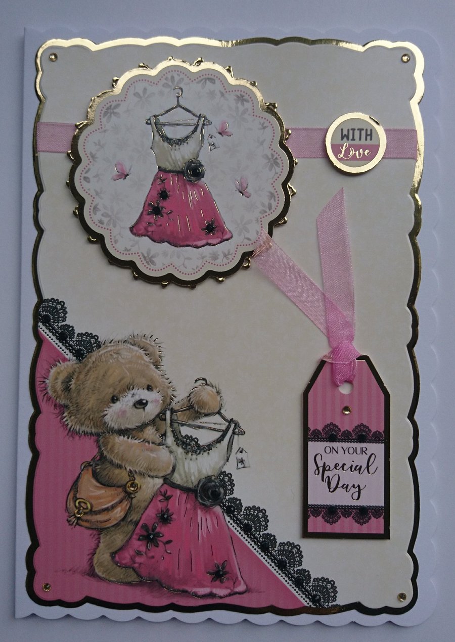 Girl Teddy Bear Card Dress With Love On Your Special Day 3D Luxury Handmade Card