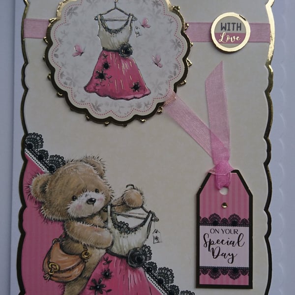 Girl Teddy Bear Card Dress With Love On Your Special Day 3D Luxury Handmade Card