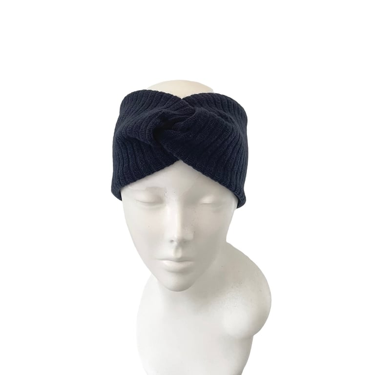 Satin lined ear warmer headband Navy blue knit jersey turban headwrap for women