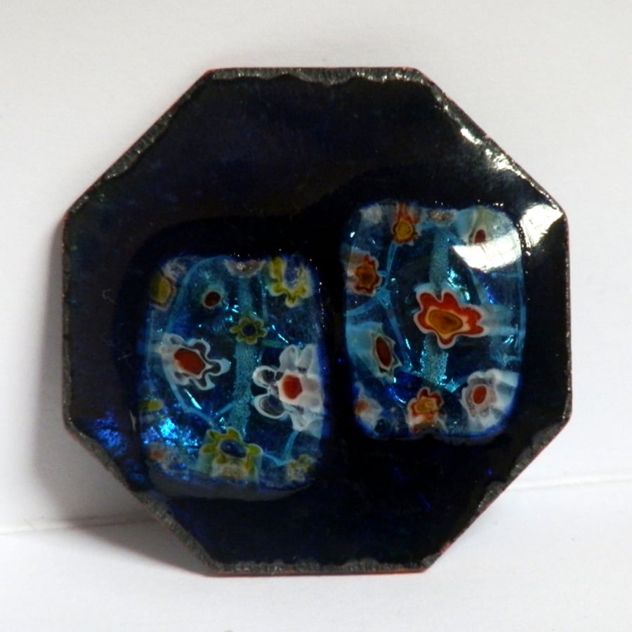 blue octagon with millefiore panels - brooch