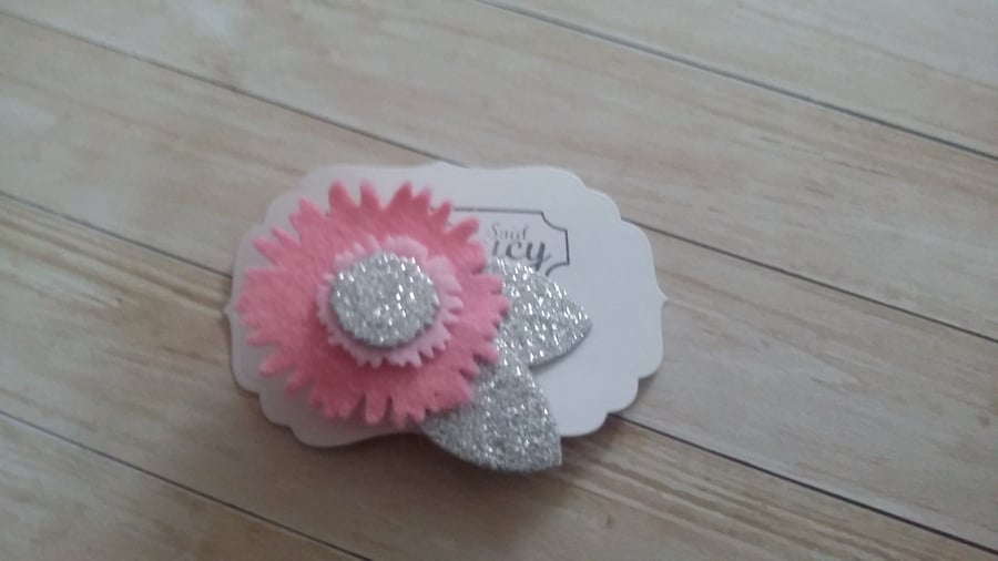pink and glittery silver felt flower hair clip unusual