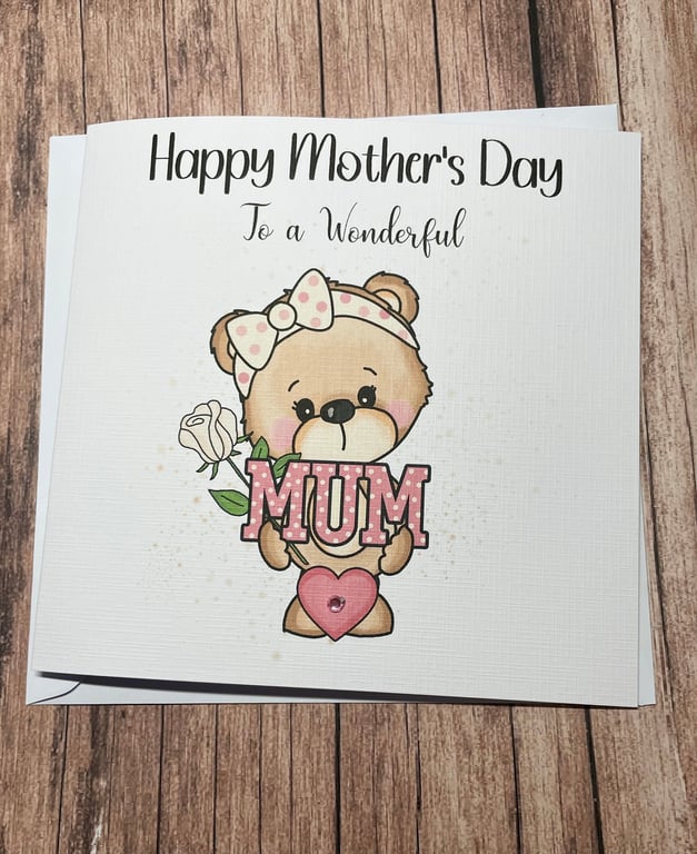 Mothers Day Personalised Card for Mum Happy Mothers Day Pretty Pink Heart Teddy 