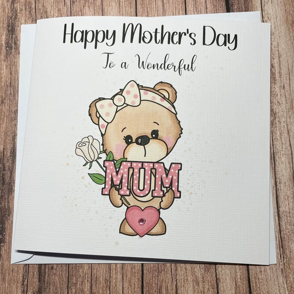 Mothers Day Personalised Card for Mum Happy Mothers Day Pretty Pink Heart Teddy 