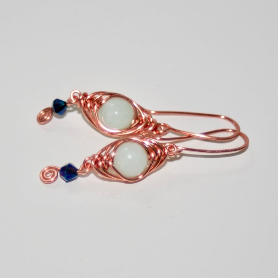 Wire-wrapped copper and mint green earrings