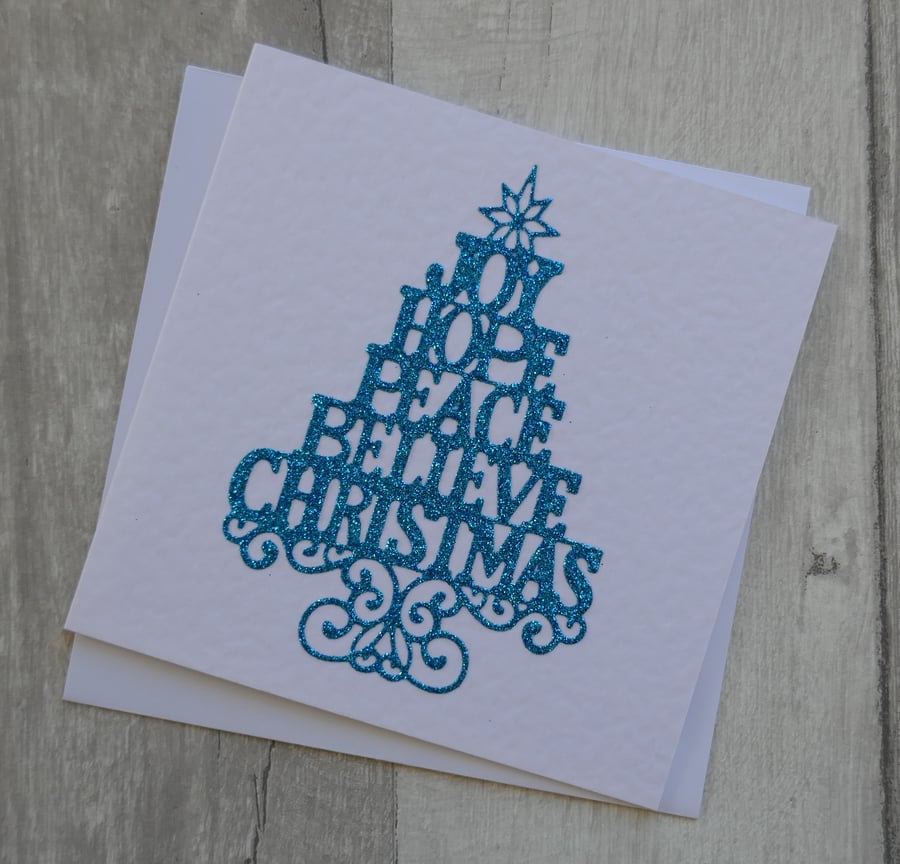 Joy, Hope, Peace, Believe, Christmas - Turquoise Glitter Tree - Christmas Card
