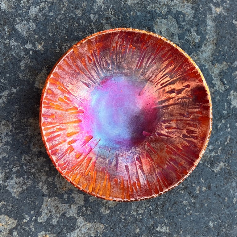 Flame painted copper bowl with hammered detail, 7th wedding anniversary gift