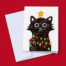 Cat Christmas Card, Diwali Card, Funny Black Cat Card, Illuminating Cat, Holiday