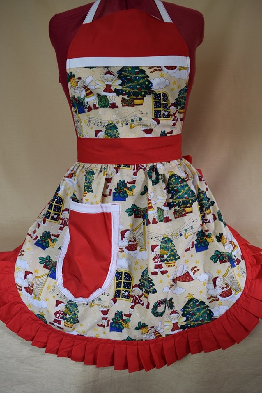 Vintage 50s Style Full Apron Pinny - Christmas Elves with Red Trim