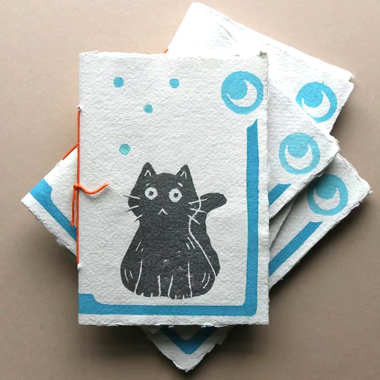 Handprinted Nighttime Cat Notebook