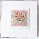 HAND EMBROIDERED VINTAGE FABRIC FLORAL HEART GREETING CARD