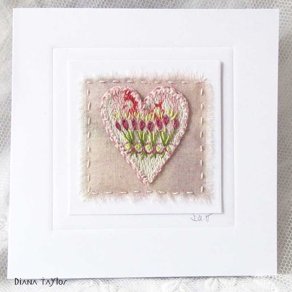 HAND EMBROIDERED VINTAGE FABRIC FLORAL HEART GREETING CARD