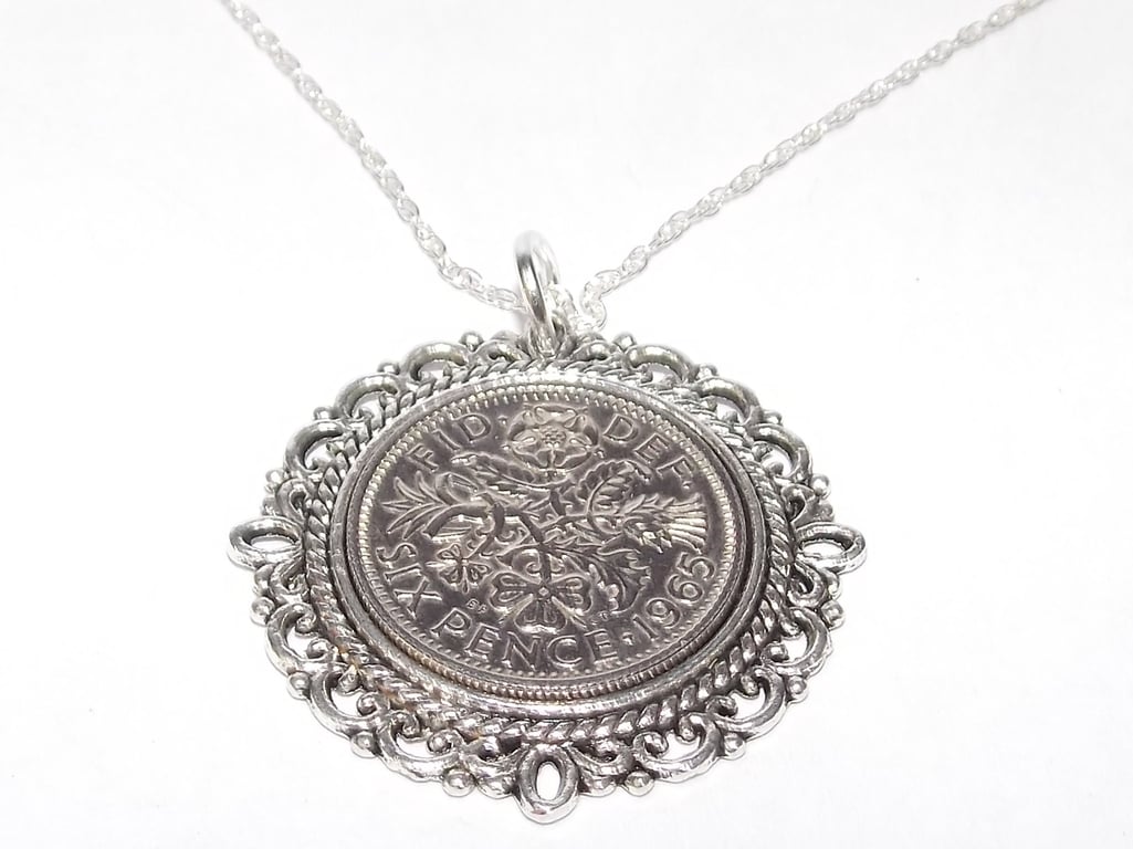 Fancy Pendant 1965 Lucky sixpence 60th Birthday plus a Sterling Silver 18in Chai
