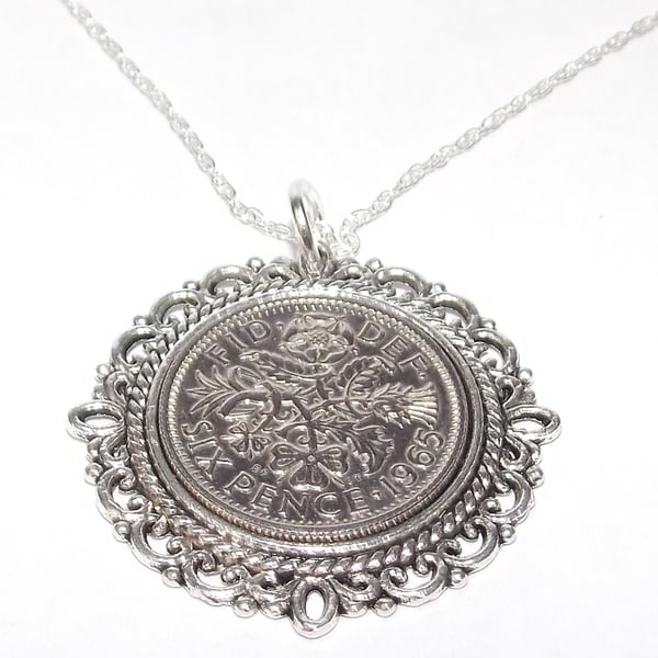Fancy Pendant 1965 Lucky sixpence 60th Birthday plus a Sterling Silver 18in Chai