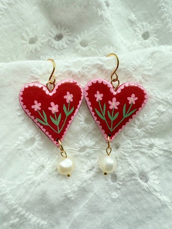 Pink and Red Floral Heart Pearl Drop Earrings - FREE SHIPPING 