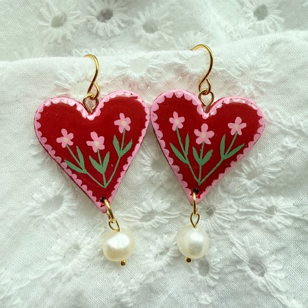 Pink and Red Floral Heart Pearl Drop Earrings - FREE SHIPPING 