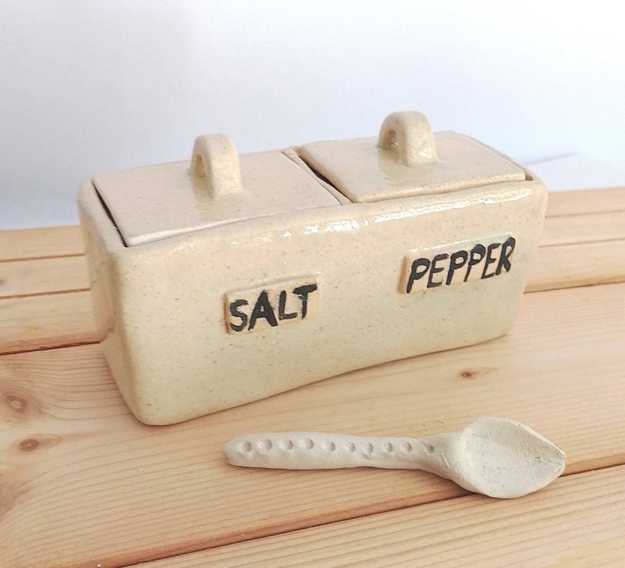 Ceramic hand made Salt and Pepper holder with Lid & Spoon, pottery condiment ser