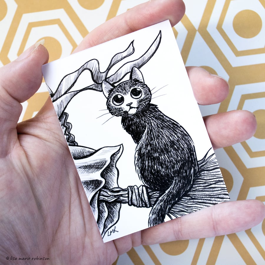 Broomstick Ride - Cat Familiar - Inktober 2019 - Day 28 - Ink Drawing Pen Art