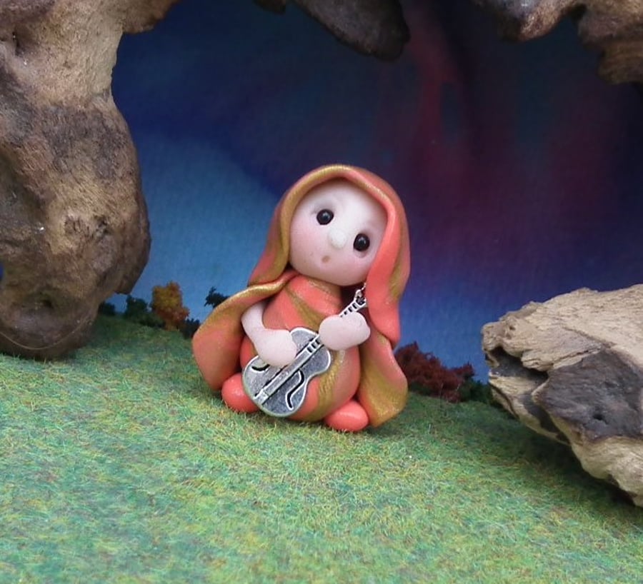 Tiny Minstrel Gnome 'Harrow' with metal guitar OOAK Sculpt Ann Galvin