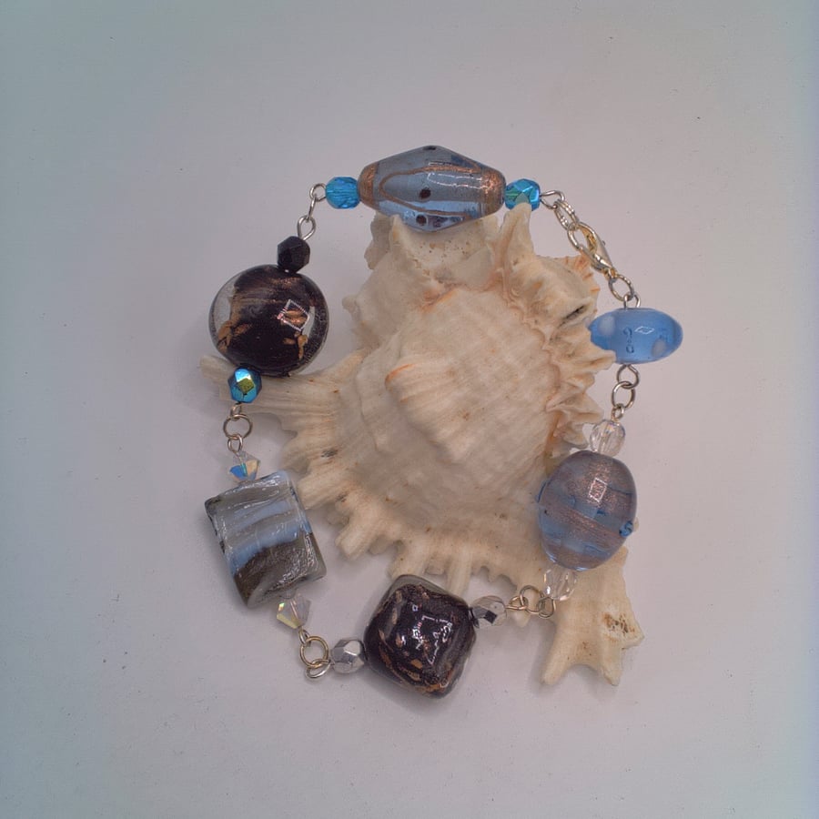 Blue and Black Glass Lampwork Bead Bracelet, Summer Bracelet, Gift for Her