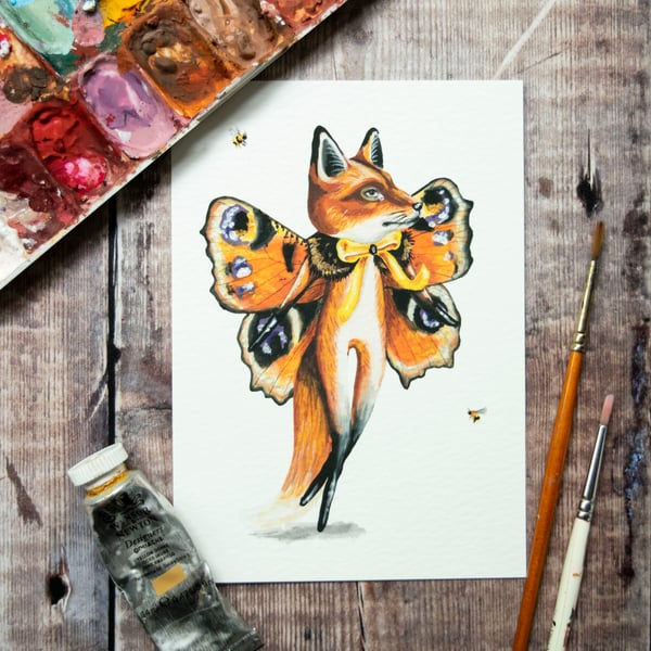Mini art print of a peacock butterfly fox called Kevin. Hand embellished 