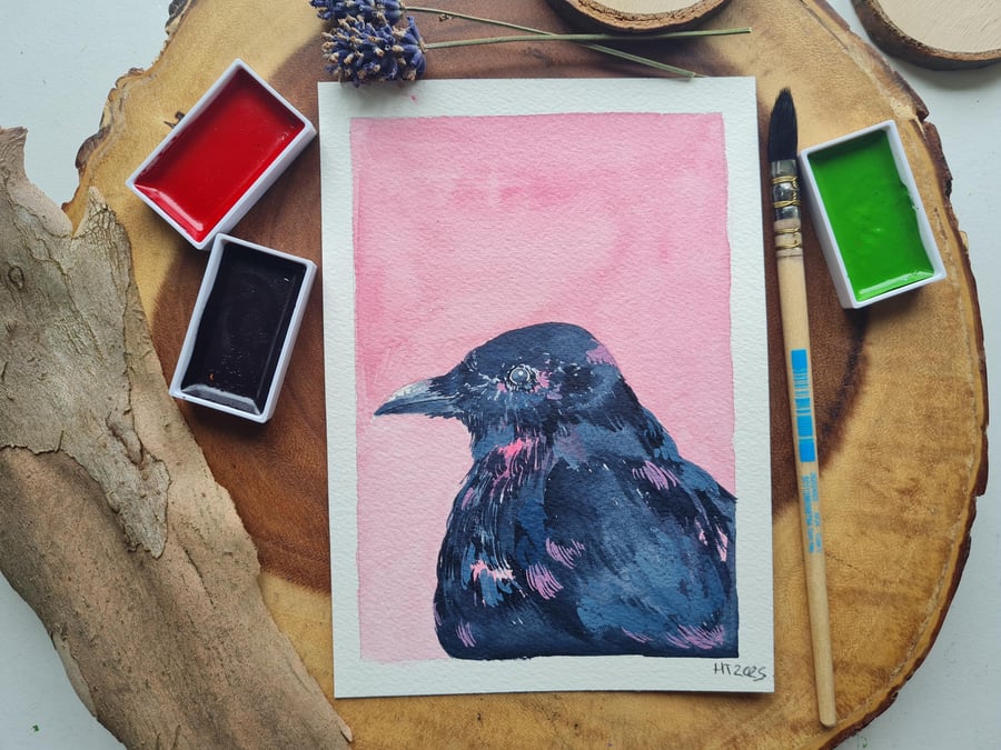 Original hand painted small watercolour Pink Crow art