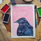 Original hand painted small watercolour Pink Crow art