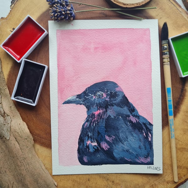 Original hand painted small watercolour Pink Crow art