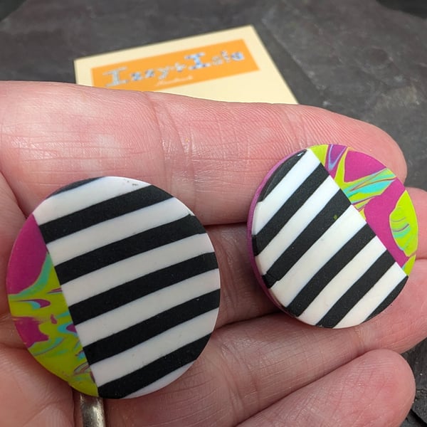 Monochrome stripe with pink and green marble effect clay stud earrings