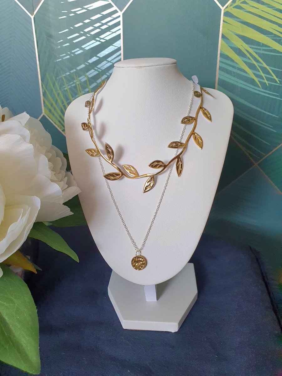 Gold ribbon leaf choker necklace and silver chain