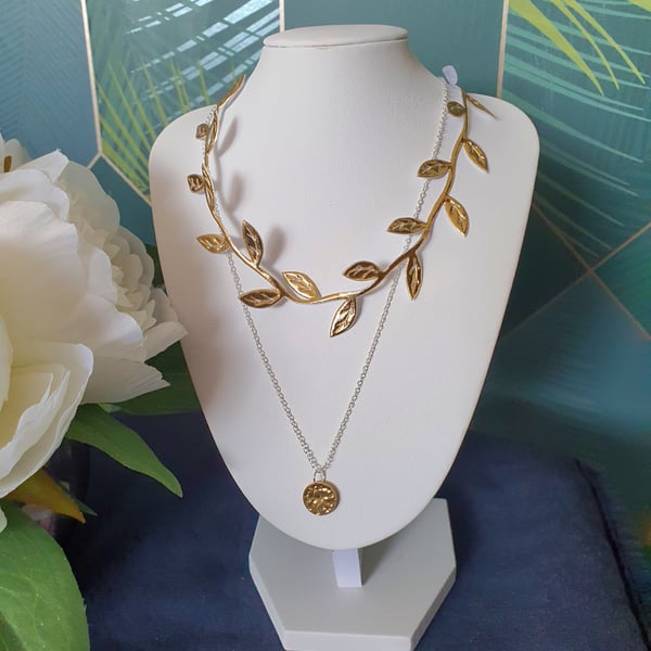 Gold ribbon leaf choker necklace and silver chain