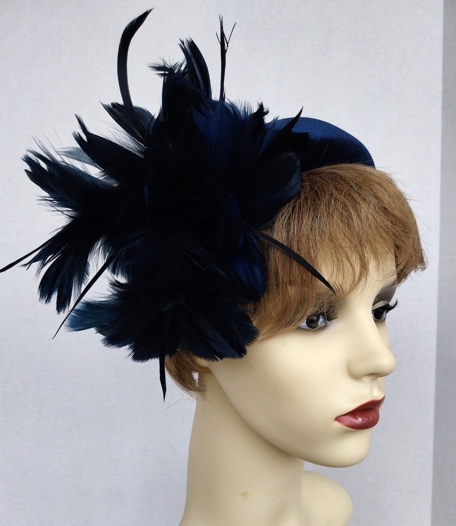 Vivian Navy blue velvet headband fascinator with feather flowers